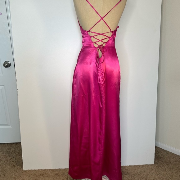Hot pink satin effect wrap Slip lace up back long Dress gown 6 - Picture 11 of 16